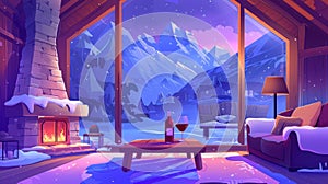 Cartoon illustration of a night chalet interior with fireplace. Winter cabin living room with mountain view window and