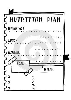 Cartoon illustration of nutrition plan. Hand drawn diet plan in doodle style for breakfast, lunch and dinner. Healthy meal concept