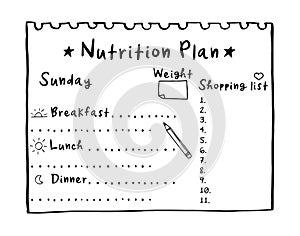 Cartoon illustration of nutrition plan, shopping list. Hand drawn diet plan for breakfast, lunch and dinner. Healthy meal concept
