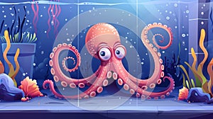 Cartoon illustration of oceanarium aquarium with giant cephalopods, sea animals with tentacles and suckers.