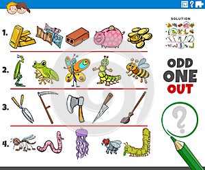 Odd one out picture game with cartoon objects and animals