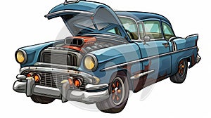 A cartoon illustration of an old car sedan with an open hood, isolated on a white background
