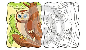 cartoon illustration an owl perched coolly on a fallen tree trunk in the middle of the forest book or page photo