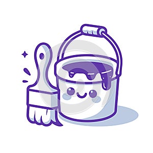 Cartoon Illustration of Paint Bucket and Brush with Blue Paint