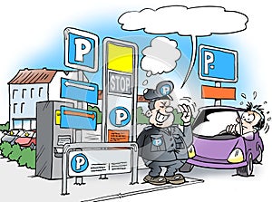 Cartoon illustration of a parking warden guard