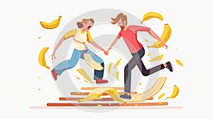 Cartoon illustration of people falling from stairs, tripping, slipping, and slipping on banana peels. Accident, injury