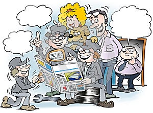 Cartoon illustration of people there read newspaper