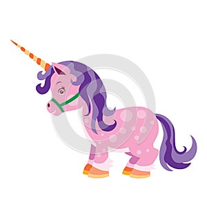 cartoon illustration, pink unicorn with a big horn and a purple mane, isolated object on a white background, vector