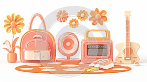 A cartoon illustration of pink y2k girl's room furniture, with a daisy flower carpet and orange shelves isolated on