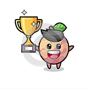 Cartoon Illustration of pluot fruit is happy holding up the golden trophy