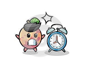 Cartoon Illustration of pluot fruit is surprised with a giant alarm clock