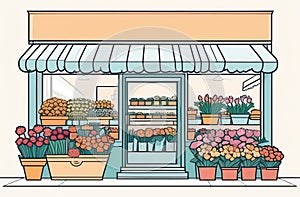 Cartoon illustration of potted plants in front of flower shop facade