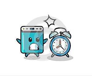 Cartoon Illustration of power bank is surprised with a giant alarm clock