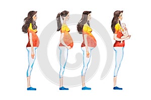 Cartoon illustration of pregnancy stages. Side view image of pregnant woman showing changes in her body