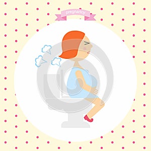 Cartoon illustration of a pregnant woman produces gases sitting on the toilet. series pregnancy photo