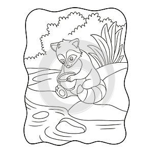 cartoon illustration The raccoon is sitting by the river holding the jar and playing with it book or page
