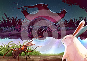 Cartoon illustration of a red ant telling story to white rabbit