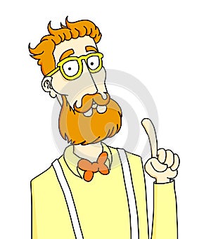 Cartoon illustration of a red-haired hipster with suspenders and bow tie showing his index finger