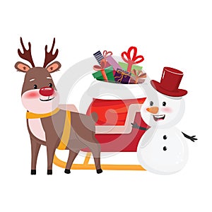 Cartoon illustration a reindeer and snowman standing next to fall Santa Claus sack. Christmas illustration.