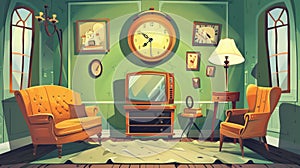 Cartoon illustration of retro living room with couch, armchair, clock, and TV on stand. Modern cartoon illustration of