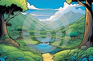 a cartoon illustration of a river surrounded by trees and mountains