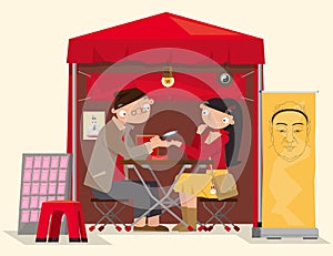 Cartoon illustration of a roadside Chinese fortune teller in Hong Kong