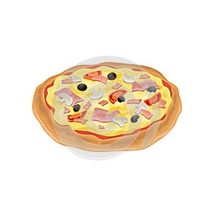 Cartoon illustration of round pizza fresh ingredients. Colorful flat vector element for cafe or pizzeria menu