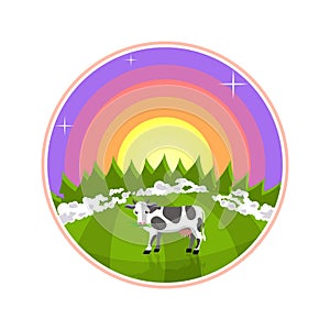 Cartoon illustration of rural areas. Cow in the field at sunrise. Foggy meadow with a cow, forest and sun on background