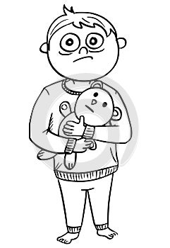 Cartoon Illustration of Scared Boy in Pyjamas Holding a Teddy Be