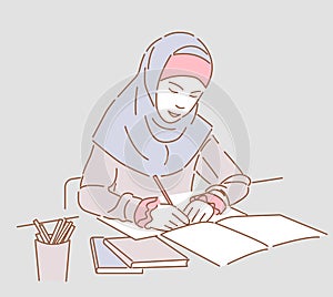 Cartoon illustration of school girl on lesson, sitting at desk and learning