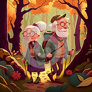 A cartoon illustration of seniors over 50 walking in a beautiful forest, symbolizing their active lifestyle and embracing the idea