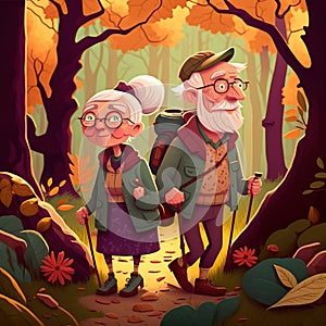 A cartoon illustration of seniors over 50 walking in a beautiful forest, symbolizing their active lifestyle and embracing the idea photo