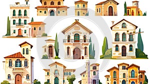 A cartoon illustration set of vintage italian street houses. A Mediterranean architecture icon scenery design. Tuscany