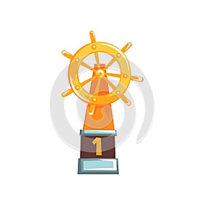 Cartoon illustration of ship`s steering wheel trophy on brown base. Regatta champion.