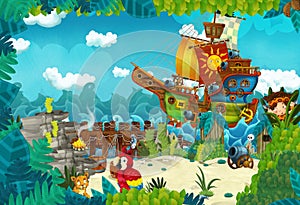 Cartoon illustration of shore of the wild island pirate ship and primitive man