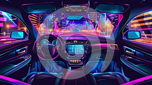 The cartoon illustration shows a car driving on a night road in a city with a neon sign in the street and a dashboard