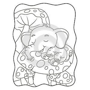 cartoon illustration sleeping elephant on a giant mushroom during the day book or page for kids