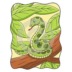 cartoon illustration a snake relaxing on a big and tall tree to see its prey