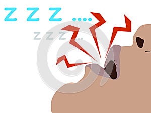 Cartoon illustration of snoring man crop face snoring loudly. Mouth open make a noise wiles sleep.  Concept of sleep apnea or slee