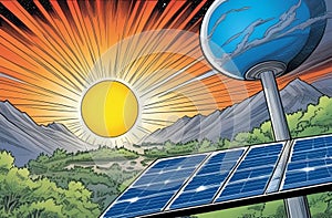 a cartoon illustration of a solar panel with a globe in the background