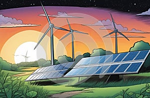 Cartoon illustration of solar panels and wind turbines in an ecoregion field