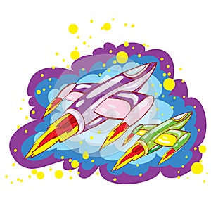 Cartoon illustration, spaceship flies in space, isolated object on a white background, vector illustration