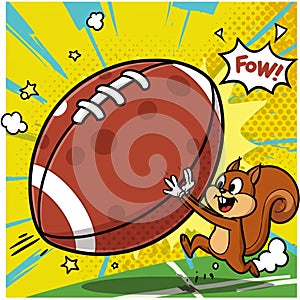 Cartoon illustration of a squirrel enthusiastically playing with an oversized American photo