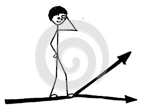 Cartoon illustration. stickman figure of thinking or businessman standing on fork in road. Drawing by hand.