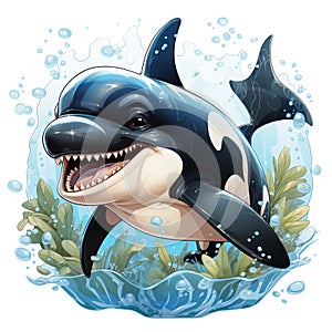 Cartoon illustration style orca jumping out of the water.