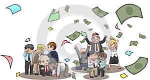 Cartoon illustration of successful and fail businesspeople, broker, and investor in stock market with money flying with wealth and