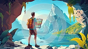 Cartoon illustration of summer landscape showing hiker man in a cave with lake and mountains on the horizon. The cavern