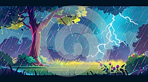 A cartoon illustration of summer rain in a field with grass and bushes. A black sky with lightning strikes. A rainy day