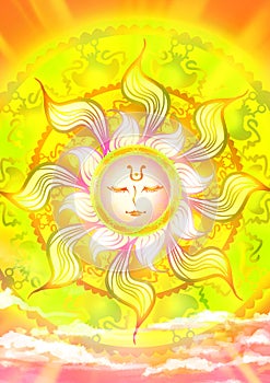 Cartoon illustration of a sun god in the sky with shinning sunlight