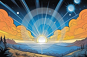 a cartoon illustration of the sun rising over a lake